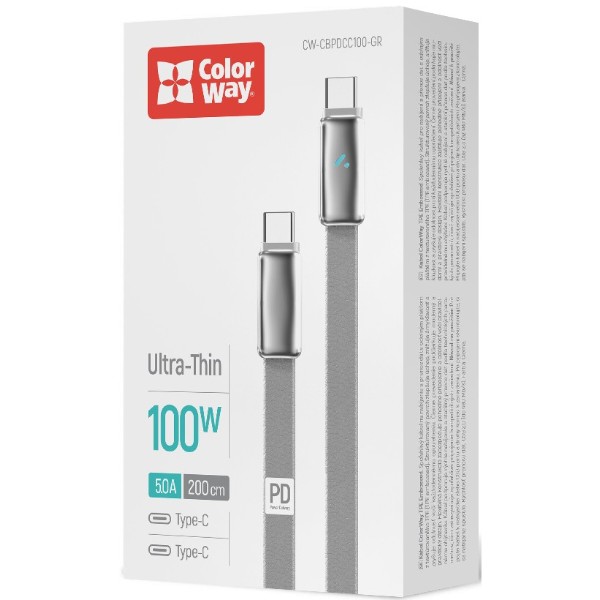 Фото - Кабель Colorway Type-C - Type-C (ultra-thin) (PD Fast Charging 100W) 5А 1м Gray (CW-CBPDCC100-GR)